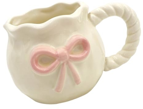 DIEKE Handmade Bows Detailing Drinking Mug White Ceramic Water Cup With Bowknot Pattern Dishwasher Safe Tableware Unique Hand Pinched Butterfly Knots Mug