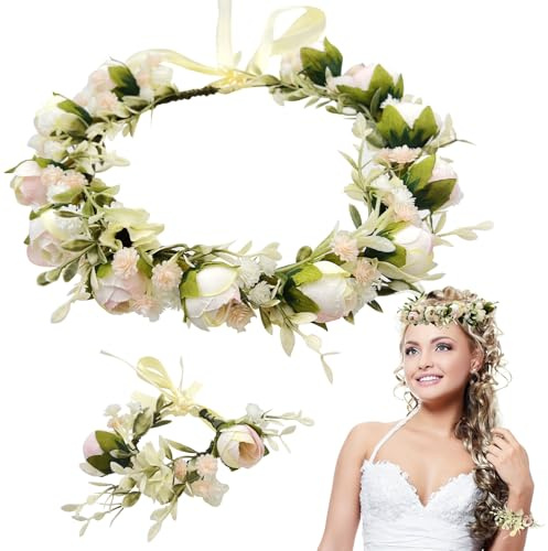 VZXQX Corona de Flores para Pelo Mujer, Ajustable Diadema Flores Mujer con Bracciale de Flor, Bohemia Diadema Boda Guirnalda Floral para la Cabeza para Fiesta Playa Nupcial Carnaval