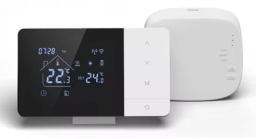 Opatiny Wireless Boiler Thermostat for Heating and Cooling with App Control, Voice Compatible, 6 Daily Schedules, ±0.5°C Precision, for battery or USB Powered, Black + White