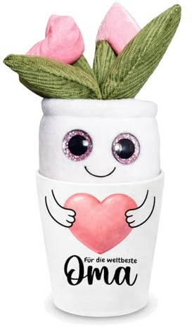 Maus-Design Geschenk Blumentopf – Für die Weltbeste Oma | Dekorativer Keramik-Übertopf mit Plüschblume & Geschenkkarton