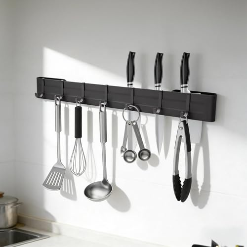 WJUAN Barra Portautensili Cucina, 40 cm Appendi Mestoli da Cucina, Grigio Barra Appendi Utensili da Cucine Senza Perforazione, con Accessori Autoadesivi, Per Cucina, Corridoio, Soggiorno