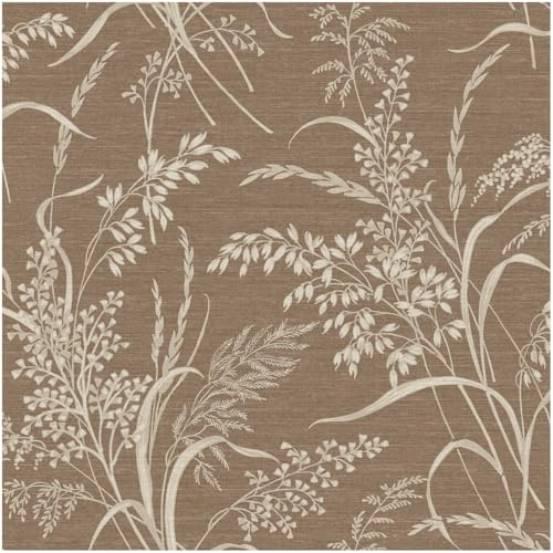 YöL Neutral Textured Wallpaper Botanical Meadow Grasses and Wildflower Silhouette Taupe Brown and Cream Linen Effect Wall Covering for Living Room Bedroom Hallway Feature Wall Vinyl Roll