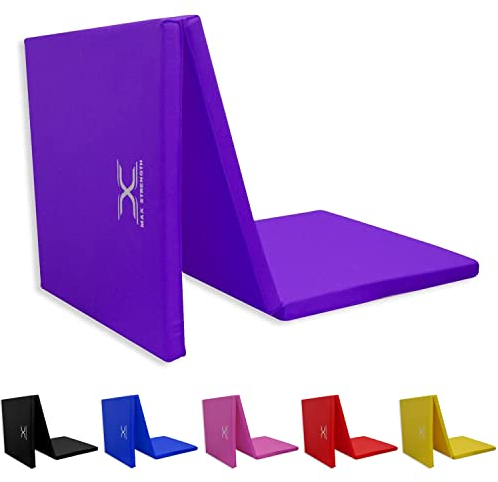 MAXSTRENGTH Tri-Folding Extra Thick Non-Slip Yoga & Exercise Pad – Soft Foam Gymnastics Fitness Mat with Carry Handle – 6ft x 2ft Portable Workout Mat (Purple)