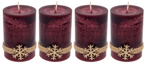 ZauberDeko 4 Adventskerzen Kerzen Stumpenkerzen Bordeaux Rot Schneeflocke Holz Advent Deko Tischdeko