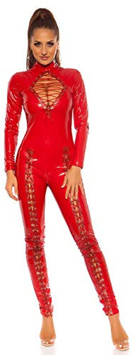 Koucla Highcollar Wetlook Lederlook Lack Optik Catsuit Overall mit Schnürung (Rot, L)