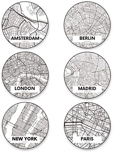 Panorama Paquet de 12 Sous Verres en Vinyle Cartes de la Ville 10x10cm
