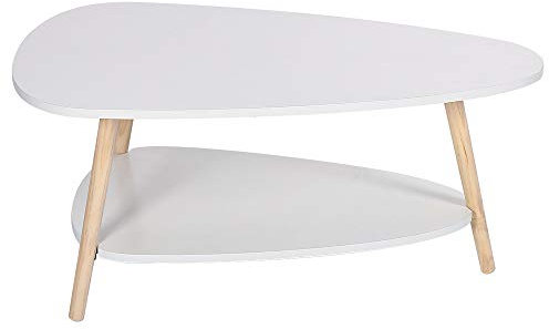 YJIIJY Ovaler skandinavischer Couchtisch mit 2 Regalen, Holz, Weiß, für Wohnzimmer/Schlafzimmer/Büro/Café, 90 x 60 x 40 cm