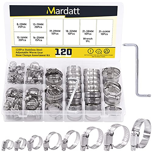 Mardatt 121pcs 8 Sizes 304 Stainless Steel Hose Clamps Adjustable 0.3-1.7inch/8-44mm Range Worm Gear Hose Clamps Assortment Kit with Screwdriver