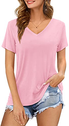 Florboom T-Shirt Femme Hauts d'été Col V Manches Courtes T-Shirt uni Rose 46