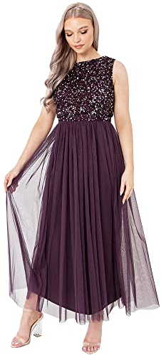 Maya Deluxe Vrouwen Midaxi Jurk Dames Mouwloze Pailletten Hoge Empire Taille Tule Versierd voor Bruiloft Gast Bal Bruidsmeisje, Bessen,48