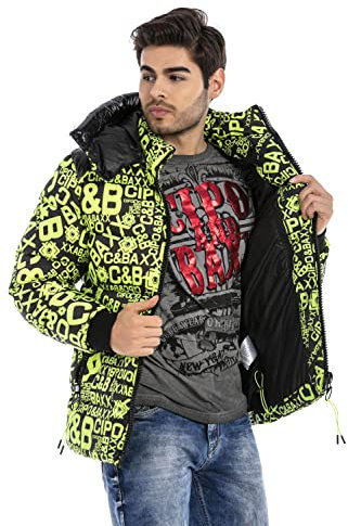 Cipo & Baxx Herren Mantel CM193 Neongrün – Stylische Winterjacke im modernen Design mit warmem Innenfutter, abnehmbarer Kapuze und funktionalen Details für kalte Tage - CM193 Neongrün L