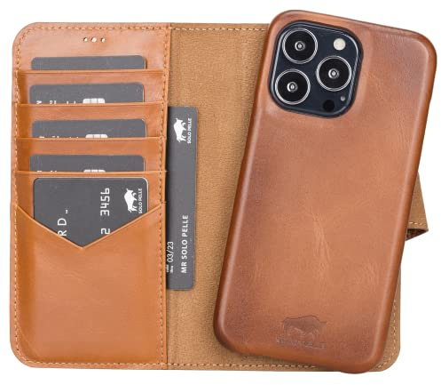 Solo Pelle Lederhülle kompatibel für iPhone 13 Pro in 6.1 Zoll abnehmbare Hülle (2in1) inkl. Kartenfächer für das original Apple iPhone 13 Pro (Vollleder Cognac Braun)