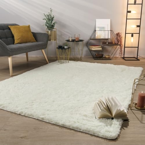 TT Home Teppich Wohnzimmer Hochflor Langflor Weich Soft Modernes Einfarbiges Design, Farbe:Weiß, Größe:160 cm Rund