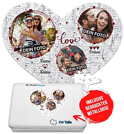 Foto-Puzzle selbst gestalten - Love - mit 3 Fotos, Namen & Datum Bedrucken - Herz-Puzzle Personalisieren - Geschenk zu Valentinstag, Jahrestag - 114 Teile inkl. Metalldose