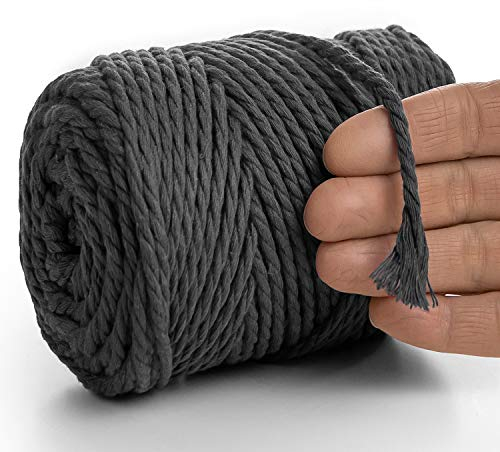 MeriWoolArt® Makramee Garn 4mm 75m Grau, Baumwollgarn Kordel, Dicke Macrame Cord für Makramee Wandbehang, Blumenampel, Vorhang und Mehr DIY Deco (Graphite, 4mm x 75m)