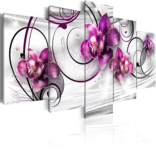 B&D XXL - Wandbilder XXL Blumen 150x75cm 5 tlg - Wand Deko Leinwand Bilder Groß Wanddeko Wohnzimmer Schlafzimmer Kunstdrucke - Orchidee Ornament Perlen bokeh grau violett 020110-146