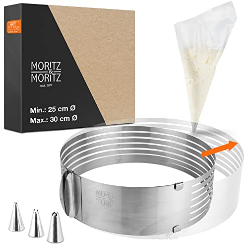 Moritz & Moritz Tortenring mit Schneidehilfe Ø 25cm bis 30cm Edelstahl Tortenring Verstellbar - Backring verstellbar mit Backzubehör - Mit 10 Spritzbeuteln und 3 Aufsätzen