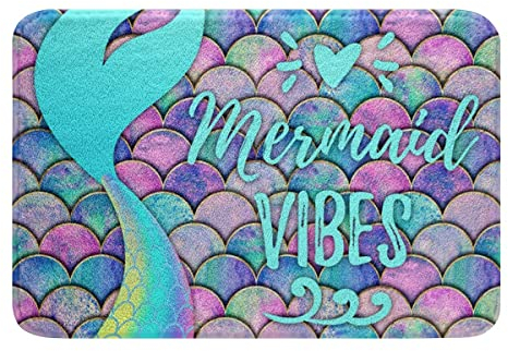 Homewish Meerjungfrau Teppich Kinder Fischschuppen Badematte Regenbogen Teppich Mädchen Teenager Schlafzimmer Bunt Meerestiere Schlafzimmerdekor 3D Blau Lila Rosa Geschenke für Frauen 40 x 60