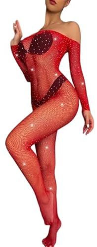 ERO-DOM Erotische Dessous Frau Roter Ouvert Bodystocking Mit Offenem Schritt Damen Unterwäsche Mit Cut-outs An Taille Und Oberschenkel Erotik Netz Für Sex Sexy Catsuit Sexy Nachtwäsche