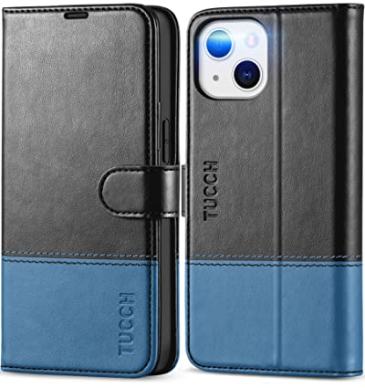 TUCCH Hülle für iPhone 13 Flip Case 5G 2021 [Magnet] ische Klapphülle [RFID-Blocker] TPU [Standfunktion] [Kartenfach] Schutzhülle kompatibel mit iPhone 13 (6,1 Zoll) Schwarz-Blau