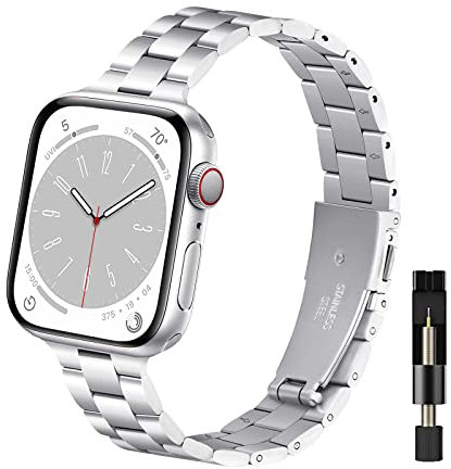 WoPail Correa Mujer Compatible con Apple Watch 49mm 46mm 45mm 44mm 42mm Serie 11/10/9/8/7/6/5/4/3/2/1/SE/Ultra, Ultradelgado Pulseras de Repuesto Metal de Acero Inoxidable - Plata