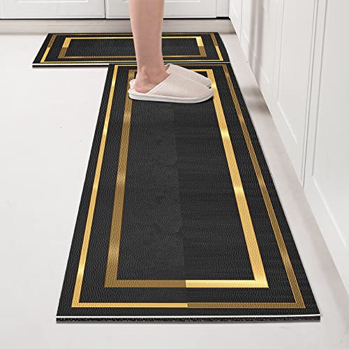 Tapis de Cuisine Or Noir Tapis Cuisine Devant Evier Long Antidérapant et Lavable Ensemble Universel Salle de Bain Douche Paillasson