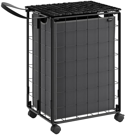 SONGMICS Panier à Linge Sale 90L, Chariot à Linge avec Sac Amovible, avec Couvercle, 46 x 33 x 65 cm, pour Buanderie, Noir d'Encre et Gris Ardoise LCB290B11