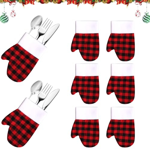 Porta Cubiertos Navidad Bolsa Cubiertos Navideñas Decoracion Mesa Cuchillo Tenedor Cuchara Adecuado Hogar, Restaurante, Fiesta (Tartán)