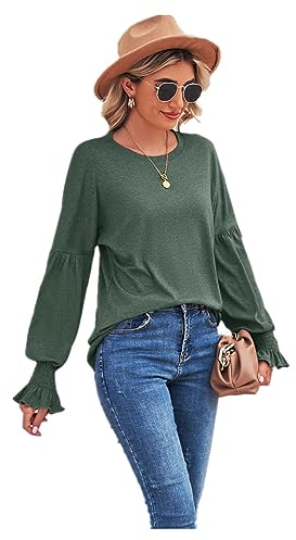CUOREZ Otoño Invierno Cuello Camiseta Mangas Linterna Braced Mujer Manga Larga Mujer, Verde Militar, L