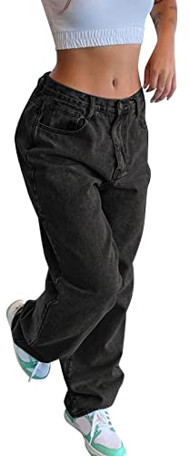 Damen Low Rise Wide Leg Jeans, Y2k Vintage Baggy Jeans mit Taschen für Damen Solid Color 2023 Low Waist Wide Leg Pants 90s Style Streetwear Jeans Damen High Waist