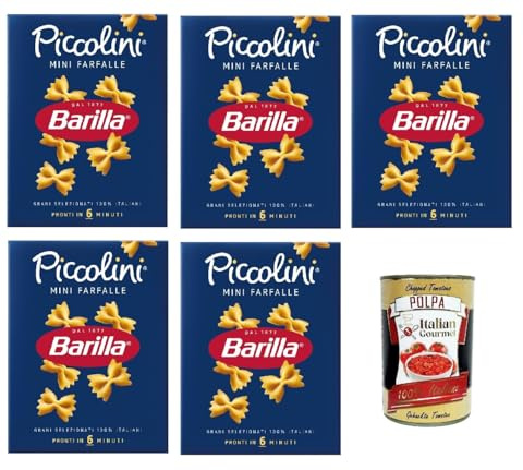 Italian Gourmet Pasta Mini Farfalle piccola Nudeln 100% italiana 5 x 500g | Aus Hartweizengrieß, formato corto ideale per insalate fredde, bambini, Gesamtnettogewicht 2,5 kg + Kostenlos Polpa 400g