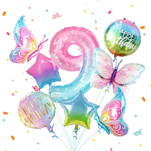 9 Schmetterling Geburtstag Deko Mädchen,8pcs Bunt Schmetterlinge Folienballon 9,Zahlen Luftballon 9 Jahre Geburtstagsdeko für 9. Geburtstag Mädchen Deko