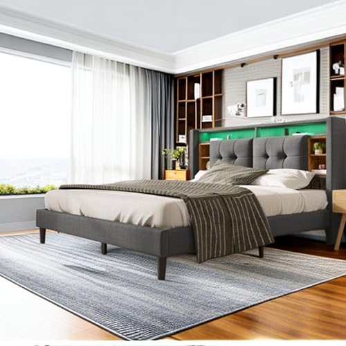 Bgsryao Gepolstertes Bett, 160 x 200 cm, Kopfteil mit USB-Ladefunktion und LED-Licht, Holz, Grau (Matratze nicht im Lieferumfang enthalten)
