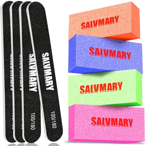 SALVMARY Nail File and Buffer Set - 4 Pcs Emery Boards and 4 Pcs Sanding Blocks with 100/180 and 80/100 Grit for Natural, Acrylic, and Gel Nails
