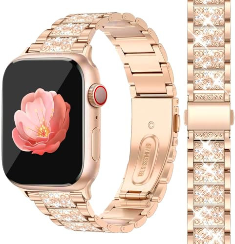 Newlibery Bling Watch Straps Women Compatible with Apple Watch 38mm 40mm 41mm 42mm (S10) Dressy Jewelry Metal Band Replacement Bracelet for iWatch Series 10/9/8/7/6/5/4/3/2/1/SE/Ultra Rose Gold