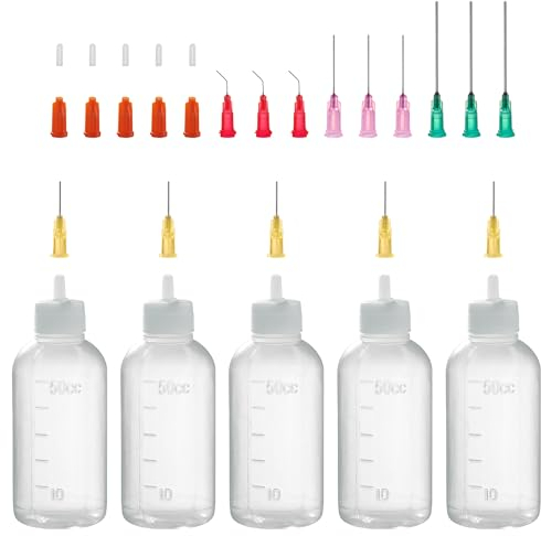 Nadelflaschen, 50ml Dosierflasche, Nadelspitze Applikator Flasche mit 14 Dispensing feine Nadeln und 12 Kappen für DIY Handwerk Nachfüllen Leim, Acrylfarbe, Öl, 5 Stück Leimflasche Leer (50ml)
