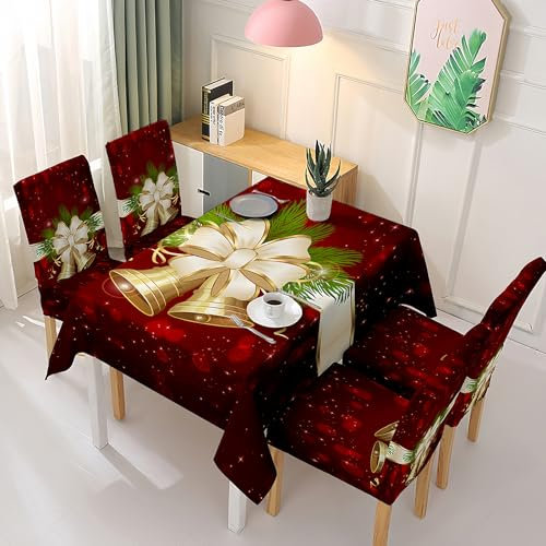 LeuKoles Eleganter Tischdecken und Stuhlbezugs Set, mit Weihnachtsglocken-Motiven verziert, strapazierfähig, wasserdicht und fleckenabweisend, ideal für Veranstaltungen/Empfänge/Restaurants.