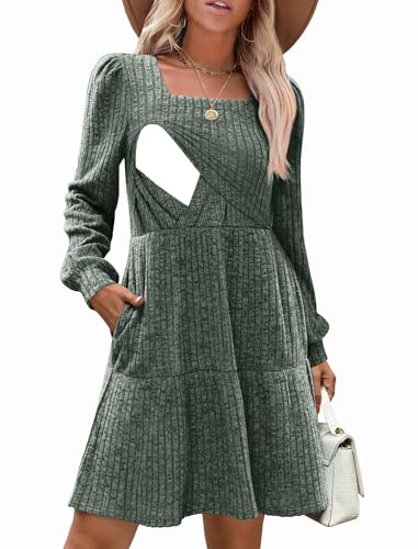 CzzzyL Damen-Stillkleid, Herbstkleid, quadratischer Ausschnitt, langärmelig, Winter-Babydoll-Kleid mit Taschen, Tiefgrün, Klein