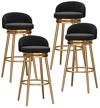 Juego de 4 taburetes de bar modernos de terciopelo con respaldo bajo tapizados para encimera de cocina, cómodos y altos con patas de metal dorado, color negro