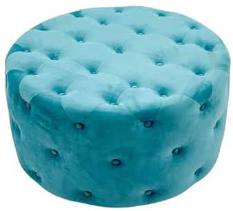 AcaciaHome Durable and Stylish 27cm Vintage Blue Tufted Velvet Round Footstool Pouffe – Adds Charm and Comfort to Any Room for Multi-Functional Piece as a Coffee Table, Extra Seat, or Footrest