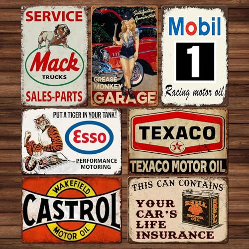 WANDGU Placas de metal para garaje, estilo retro, juego de 7 unidades, 20 x 30 cm, diseño vintage, nostálgico, coche, cartel de metal para pared de casa, decoración de habitaciones, bar, decoración
