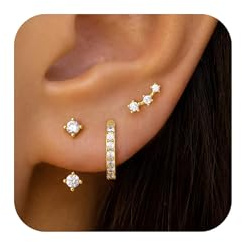 WATEFOER Ohrringe Gold Set, 3 Pcs Huggie Hoop Jacke Ohrstecker Stack für mehrere Piercing, hypoallergen 925 Sterling Silber Post Dainty Geburtsstein Modeschmuck Geschenke (Weißer Diamant(Gold))