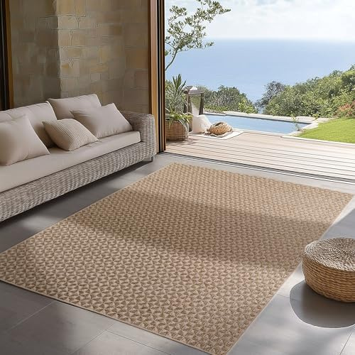 SIMPEX Tapis d Extérieur Beige 160x230 cm, Résistant aux Intempéries et aux UV, Idéal pour la Cuisine, Le Balcon, la Terrasse, Le Salon et la Salle à Manger, Design à Carreaux Style bohème