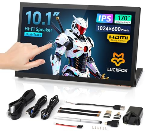 LUCKFOX 10.1 IPS Portable Monitor for Raspberry Pi & PC - HDMI Plug & Play, 10-Point Multi-Touch, Hi-Fi Speakers, Metal Stand, 1024 x 600 Resolution, Widely Used for Raspberry Pi 5