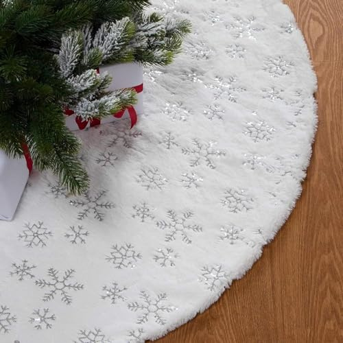 Falda De áRbol De Navidad 122cm Redonda - Suave Felpa Blanca con Copos De Nieve Plateados - Incluye Base O Alfombra A Juego - Cubrepies Arbol Navidad Redondo