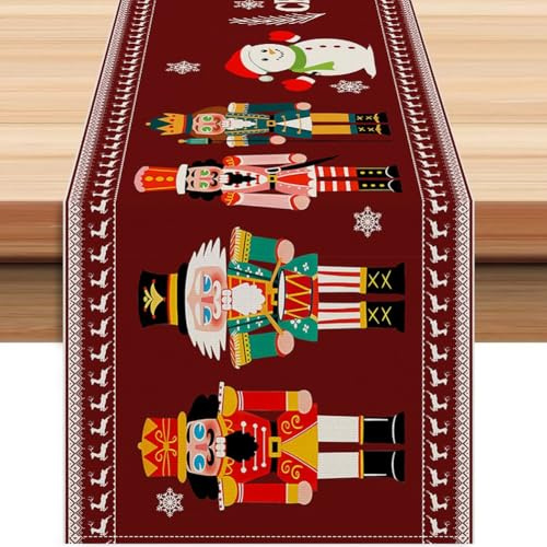 HiyyFloy Merry Christmas Table Runner, Nutcracker Red Xmas Table Cloth Decor with Snowman Christmas Tablecloths for Home Holiday Party Christmas Dinner Table Decorations