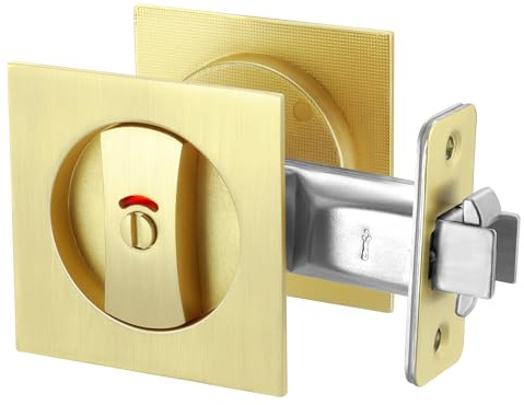 Viiwahol Cerradura de puerta de bolsillo dorada cepillada con indicadores, manija de puerta de bolsillo con cerradura de puerta cuadrada para puerta corredera de privacidad, cerraduras y tiradores de