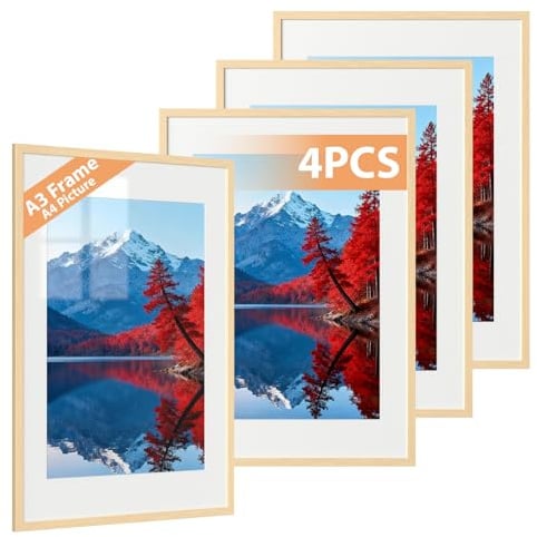 Alyvisun 4 Stück A3 Bilderrahmen, A3 Rahmen Display Bilder 20,5x28,7 cm mit Passepartout oder 28,7x41 cm ohne Passepartout, Fotorahmen für Wandmontage, horizontal & vertikal, Poster, Kunst, Holzton
