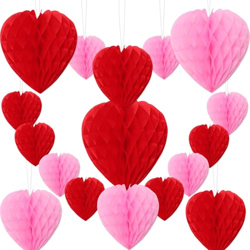 17 Pcs Honeycomb Balls Hanging Sets for Valentines Decorations,Heart Honeycomb Centerpiece Red Pink for Valentine's Theme Party Oranment,Valentines Hanging Decorations for Wedding Anniversary