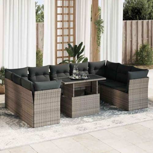 Holamys 10-TLG. Garten-Sofagarnitur, Grau Poly Rattan, mit Kissen, verstellbarem Tisch, Stauraum, für Outdoor & Patio